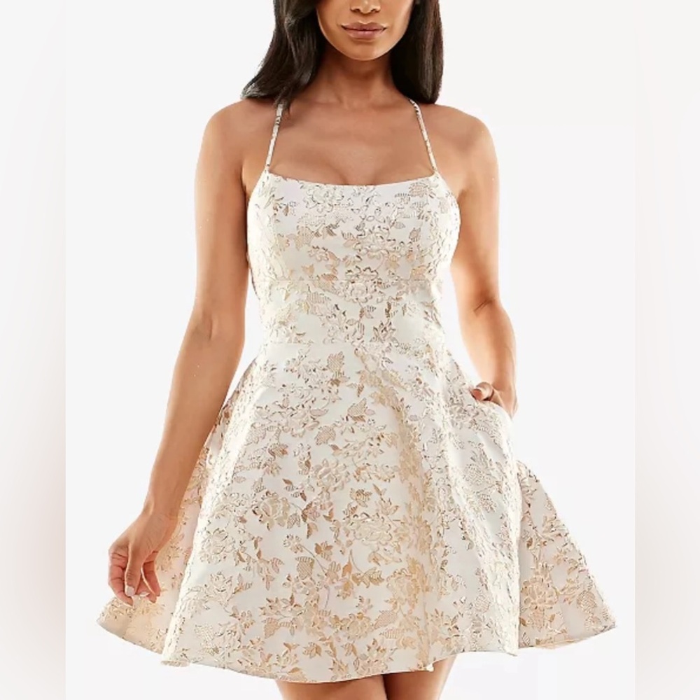B Darlin Ivory and Gold Strapless Floral A-Line Dress